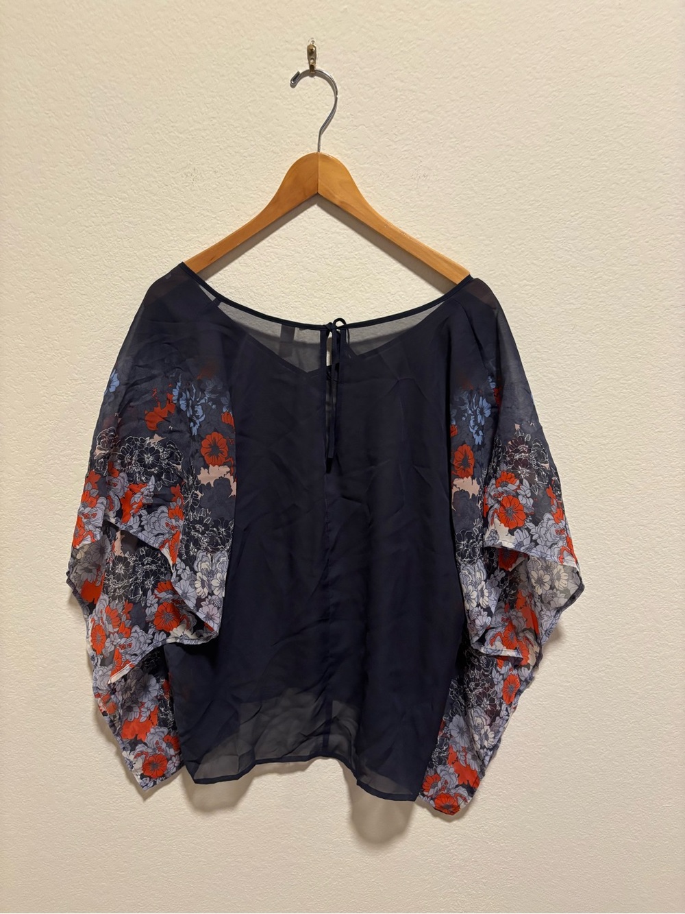 Sheer Navy Floral Kimono Sleeve Top - Navy with Orange Accents - Picture 3 of 3